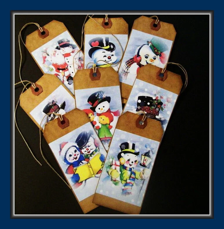 CUTE VINTAGE SNOWMEN WITH CHILDREN HANG TAGS - EIGHT - PRIMITIVE DESIGNS - Image 2 of 4