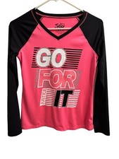 GIRLS JUSTICE "GO FOR IT" LONG SLEEVE SHIRT Sz 12 BLACK PINK WHITE GLITTER