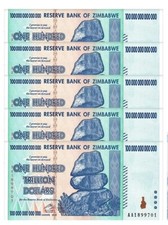 ZIM Zimbabwe 100 Trillion Banknote 5 pcs Note AA/2008, P-91, Uncirculated COA!