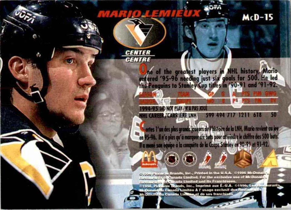 1995-96 Pinnacle Mcdonald's Mario Lemieux #MCD-15 - Image 2 of 2