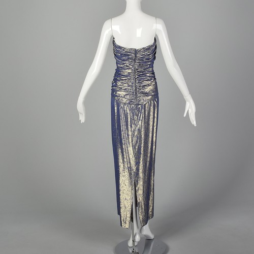 XS Blue Evening Gown 1970s Gold Lamé Strapless Sweetheart Formal Prom Dress VTG - Picture 3 of 10
