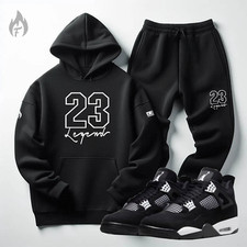 Men's 23 Legend Black Hoodie Joggers Set Match Jordan 4 White Thunder Sweatsuit