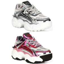Buffalo Iridescent Chunky Shimmer Platforms Women Trainer White Silver UK 3 - 8