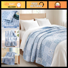 Reversible Blue Floral Patchwork Throw Blanket 50"x60" Lightweight Lap Quilt for