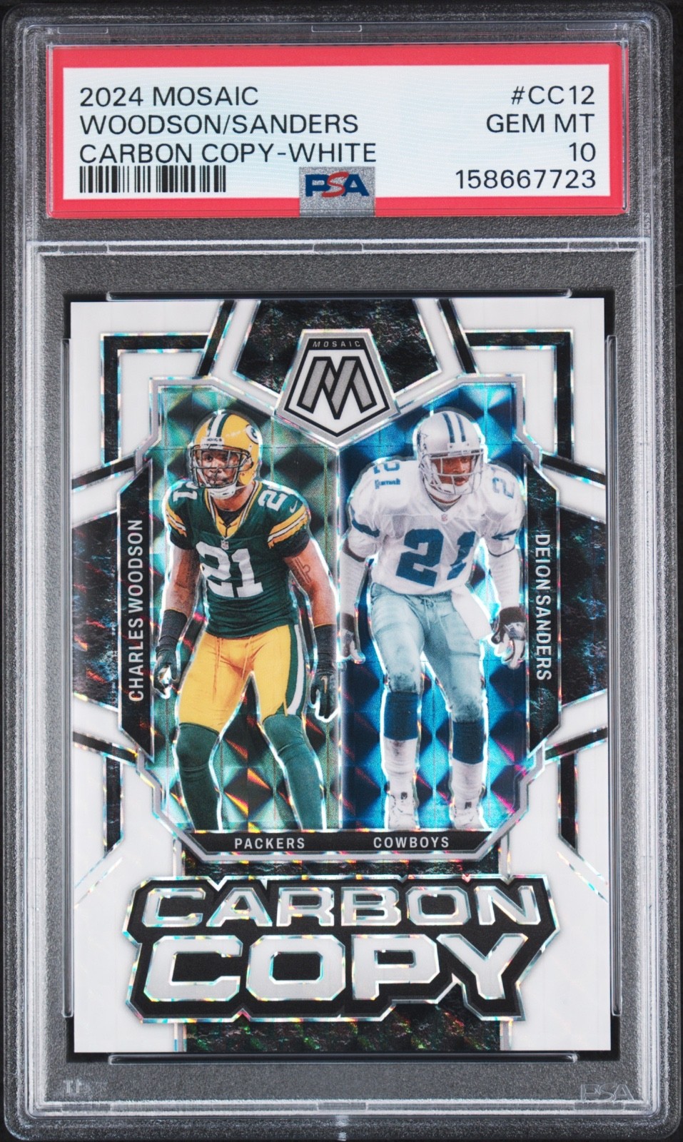 Deion Sanders/Charles Woodson 2024 Mosaic Carbon Copy White Prizm #25/25- PSA 10 view 1