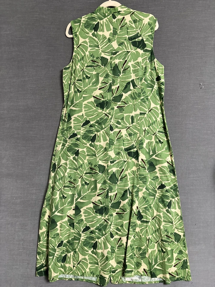 Vestido Sag Harbor 14 Verde Lino Camisa Hoja Tropical Midi Vacaciones Resort Verano Foto 4 de 4