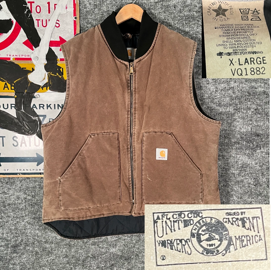 VTG 90s Carhartt Vest USA Union Dark Brown Quilt Lined CHT DKB VQ1882 Size XL