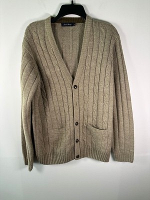 James Pringle Cardigan Mens M Cable Knit V-Neck Button Pocket Classic Tan Beige