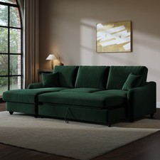 4 Seater Pull-Out Chaise Corner Sofa Bed with Storage in Dark Green Velve QNN004
