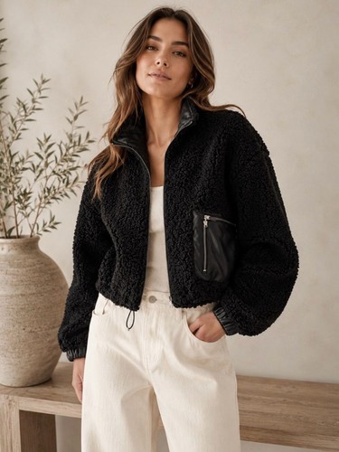 BlankNYC Moto Teddy Sherpa Cropped Bomber Jacket Black Faux Leather Trim XS