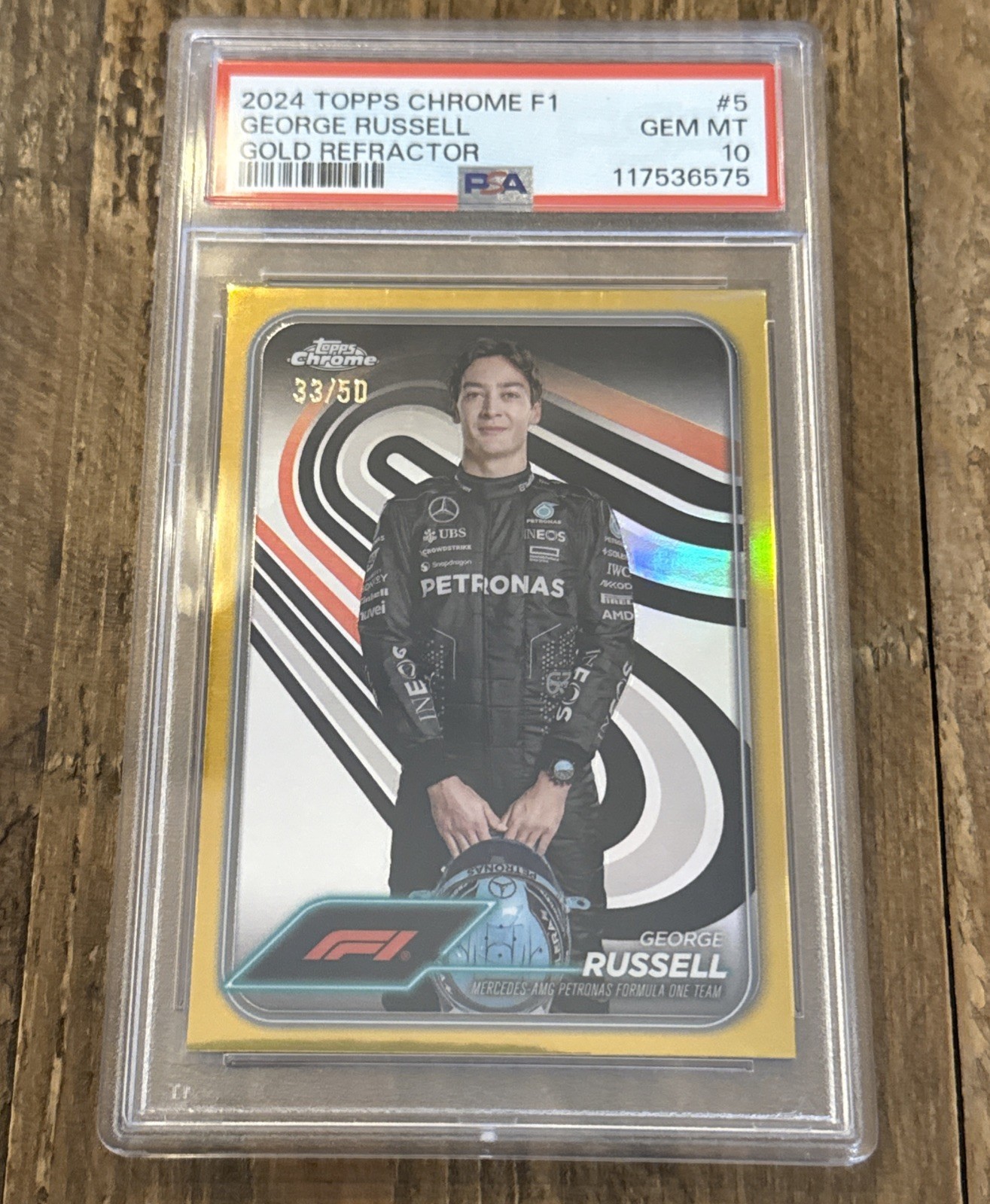 Retrato 2024 Topps Chrome F1 George Russell True Gold Refractor 33/50 PSA 10 #5