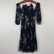 ASTR The Label Ruffled Cold Shoulder Floral Print Pleated Chiffon Dress Black XS