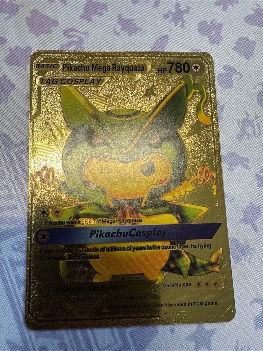 Pokémon Card Tag Cosplay Pikachu Mega Rayquaza 780HP Gold Foil Fan