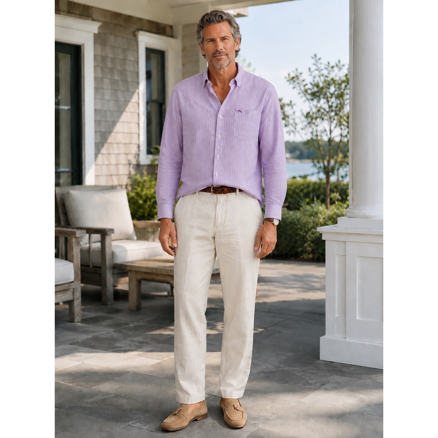 Tommy Bahama IslandZone Shirt Mens Large White Lilac Linen Blend Stripe image 4