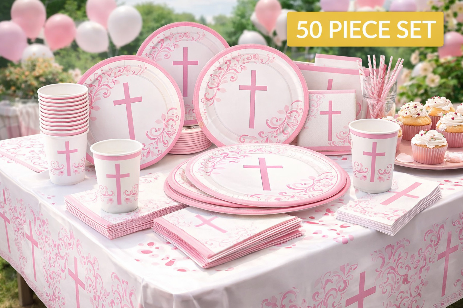 Pink Cross Party Tableware Christening Communion Confirmation Plates Cup Napkins