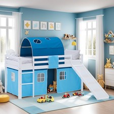 Lit enfant 90x200 sommier tunnel rideau lit mezzanine bois pin bleu Homestyle4u