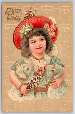 Easter~Sweet Girl In Flowery Easter Hat Cuddles Lambs~Emb~Gold Leaf~ASB 294