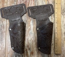 2 Mattel Fanner Cap Gun Holsters Faux Brown Tooled Leather Plastic