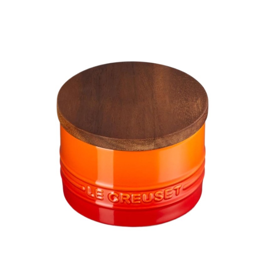 Le Creuset Signature Small Canister 7 oz Flame Stoneware Wood Lid Salt Jar New