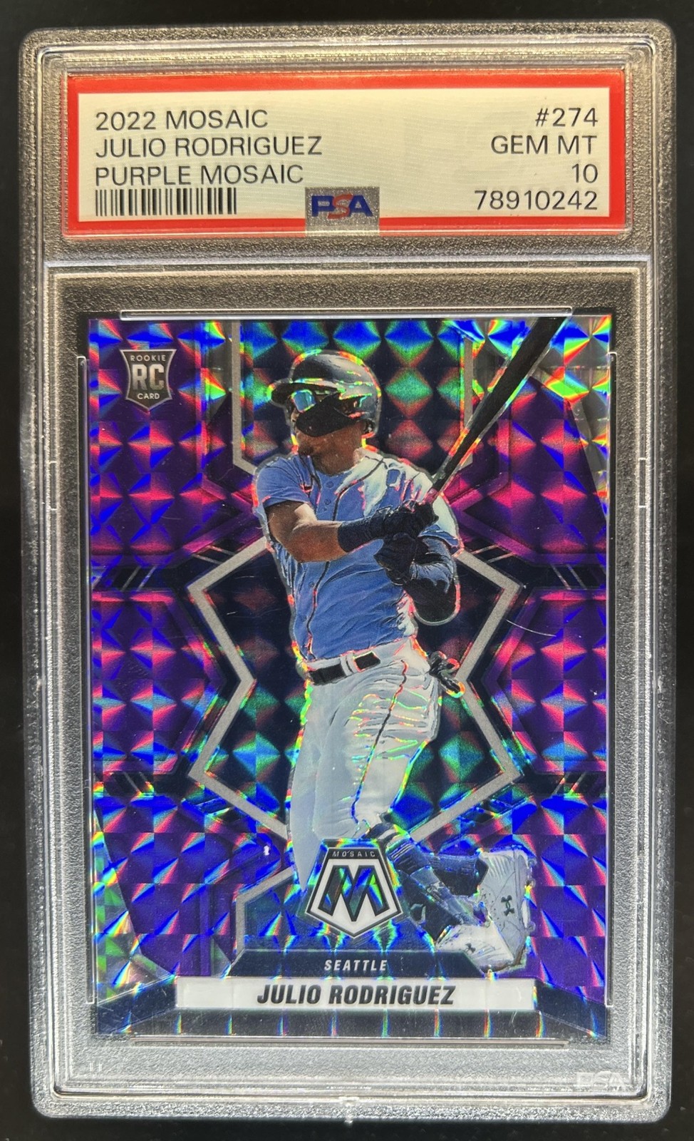 2022 Panini Mosaic Julio Rodriguez Purple Rookie RC #/49 Mariners PSA 10