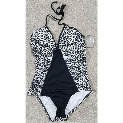 Guess One Piece Halter Swimsuit M Leopard Print Glam Bombshell Vacation Resort
