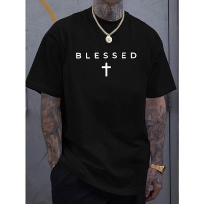 Lightweight Polyester Men's ''Blessed'' Cross Print T-Shirt  Casual Crew Neck