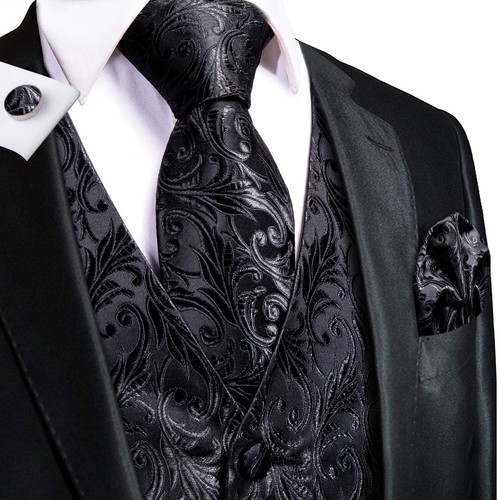Mens Formal Wedding Waistcoat Floral Paisley Suit Vest Slim Tuxedo Silk Tie Set - Picture 40 of 134