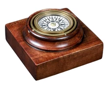 Royal Mail Gimbaled Brass Compass Mahogany Wood Base 3.5" Replica Nautical Decor