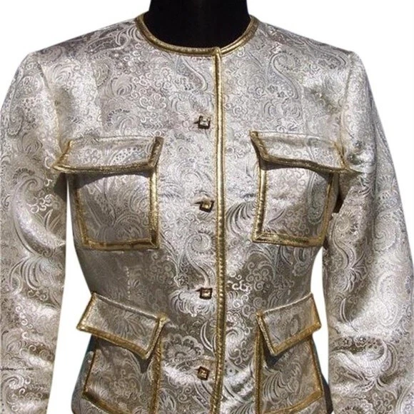 CHANEL GIACCA VINTAGE HAUTE COUTURE ARGENTO BROCCATO METALLICO E FINITURE ORO TAGLIA 4