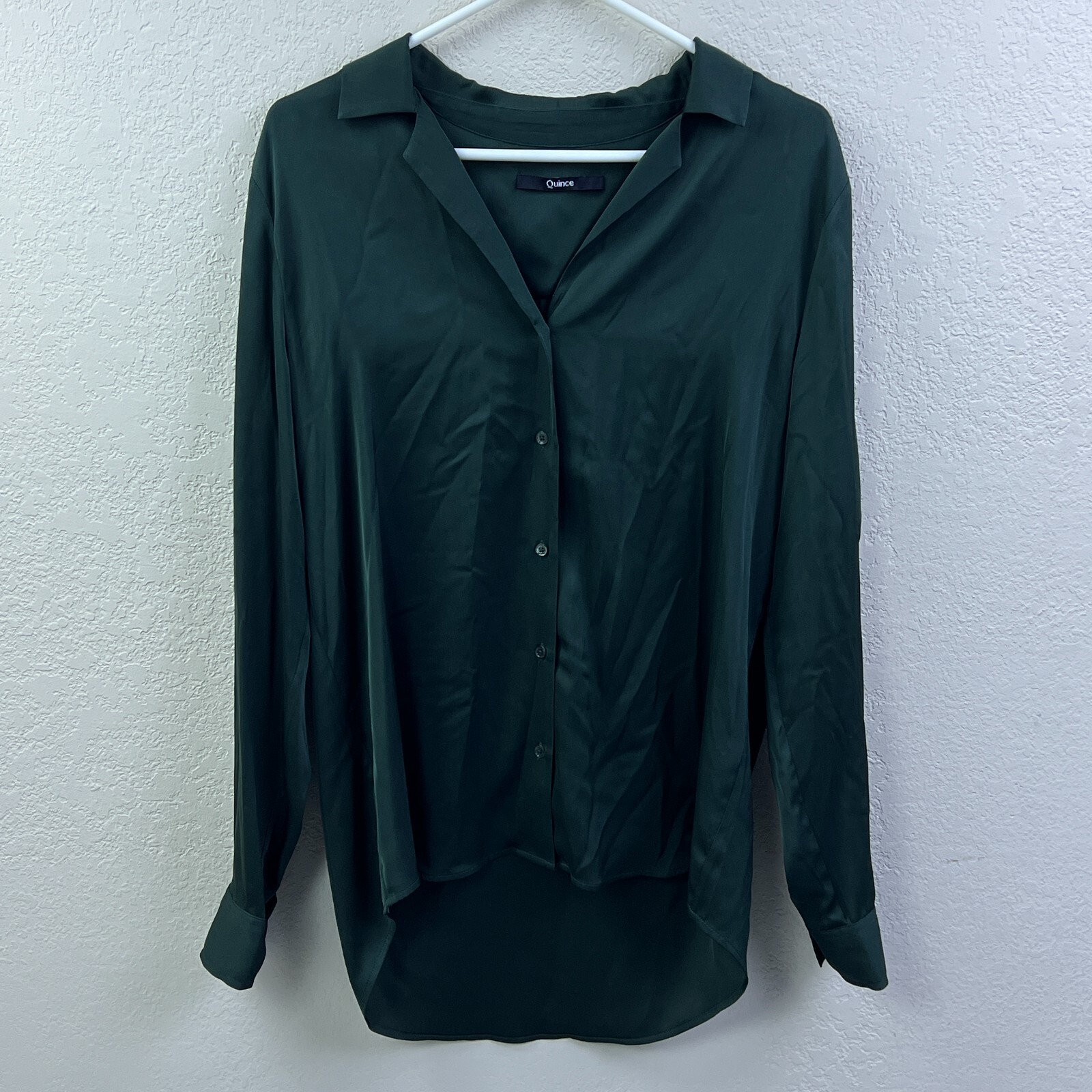 Quince Womens Large Green Washable Silk Notch Collar Button Down Blouse