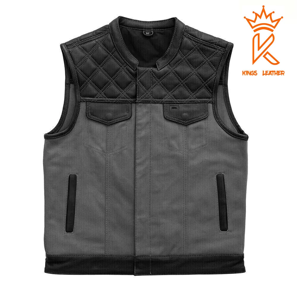 Men Black Premium Leather Gray Denim Motorcycle Vest Conceal Bike Ride Waistcoat