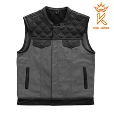Men Black Premium Leather Gray Denim Motorcycle Vest Conceal Bike Ride Waistcoat