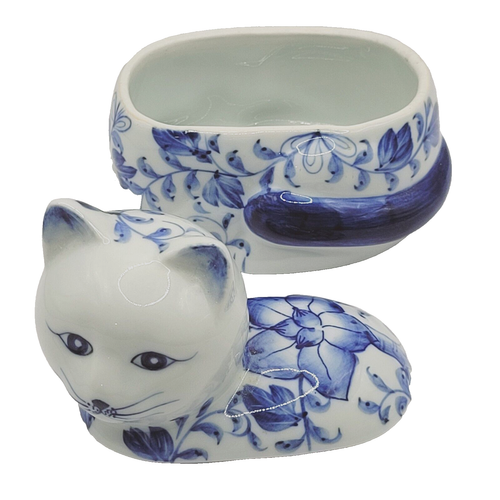 Blue Floral Cat Kitty Kitten Lidded Trinket Vanity Dresser Jewelry Dish Box - Picture 11 of 17