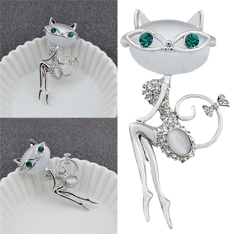 Schöne Brosche Katze mit Brille aus Stein und Kristall