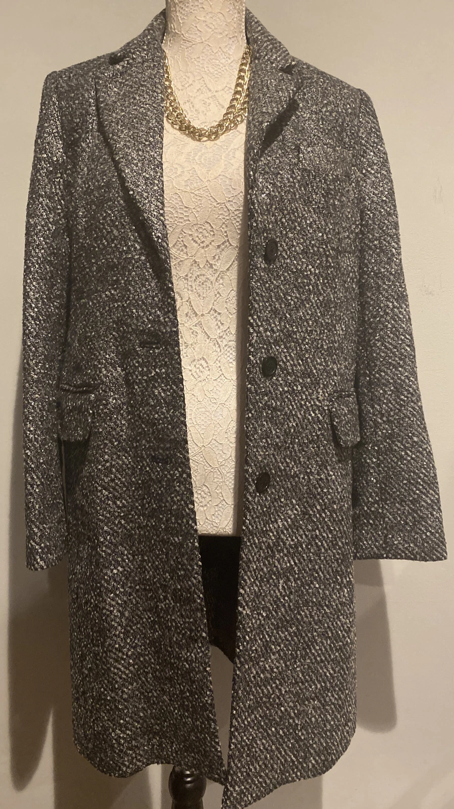 Abito cappotto Michael Kors nuovo senza etichette grigio tweed bottoni foderato davanti tasche medio