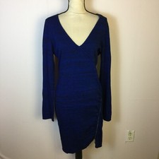 Guess Sheath Dress Size XL Womans Blue Black Knit V-Neck Side Zipper Long Sleeve