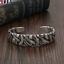 Men Bracelet Sterling Silver Retro Twisted Open Wide Bangle Cuff Bracelet USA