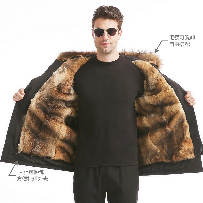 Mens Hooded Real Rabbit Fur Lined Mid Long Coat Parka Raccoon Fox Fur Collar New - Image 4 of 4