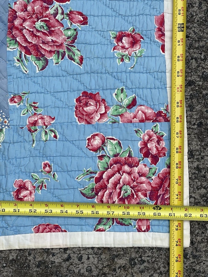Vtg Quilt Hand Quilted Blue Scottie Dog Red Roses Floral 1930s 62x74 - Image 2 of 4