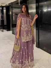 Indian Style Lavender Faux Georgette Kurta Palazzo With Dupatta For Wedding