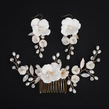 Wedding Pearls Flower Leaf Hair Side Comb White Flowers Pearls Bridal Headpiece