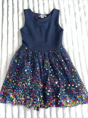 Girl Navy Blue Fancy Dress Colorful Sequins Tulle Size 7