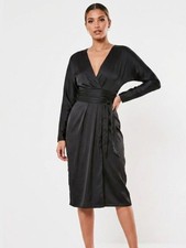 NWT ASOS DESIGN satin midi black dress with batwing sleeve and wrap waist Size 6
