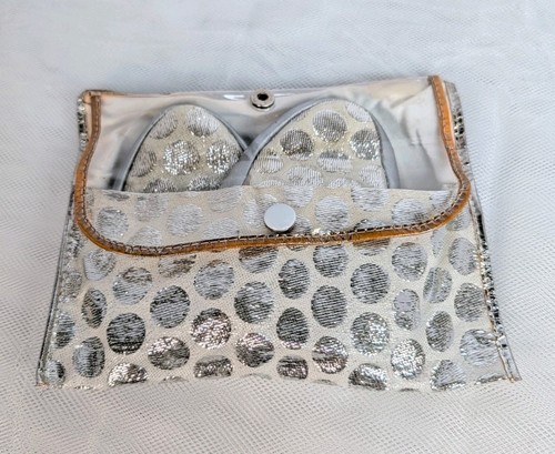 Women’s Vintage Silver Polka Dot Folding Slippers Travel Case Sz 6 / 6.5 Japan 