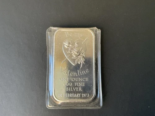 Vintage 1973 Silver Bar One Ounce .999 Fine Silver Be My Valentine February 14