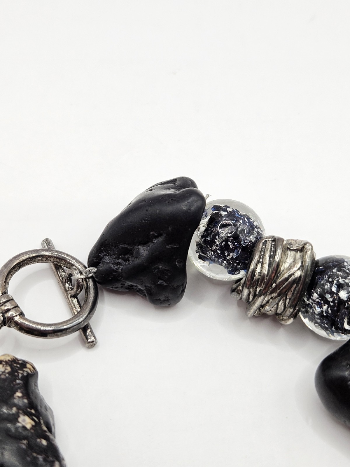 Handmade Lava Stone And Silver Foil Bead Bracelet Chunky Blue Black Boho Earthy