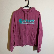 Carhartt Womens Relaxed Fit Graphic Hoodie Berry Pink Teal Logo Sweatshirt M
