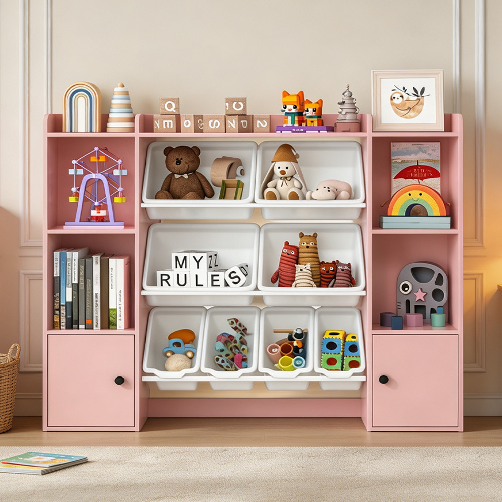 Kids Pink Bookcase Toy Storage With 8 Boxes Open Shelves 2 Door Cabinet Playroom