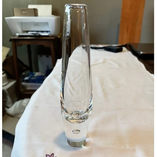 ✨ Signed Steuben Glass Crystal Vase — 8" Bud Vase, Controlled Bubble Base