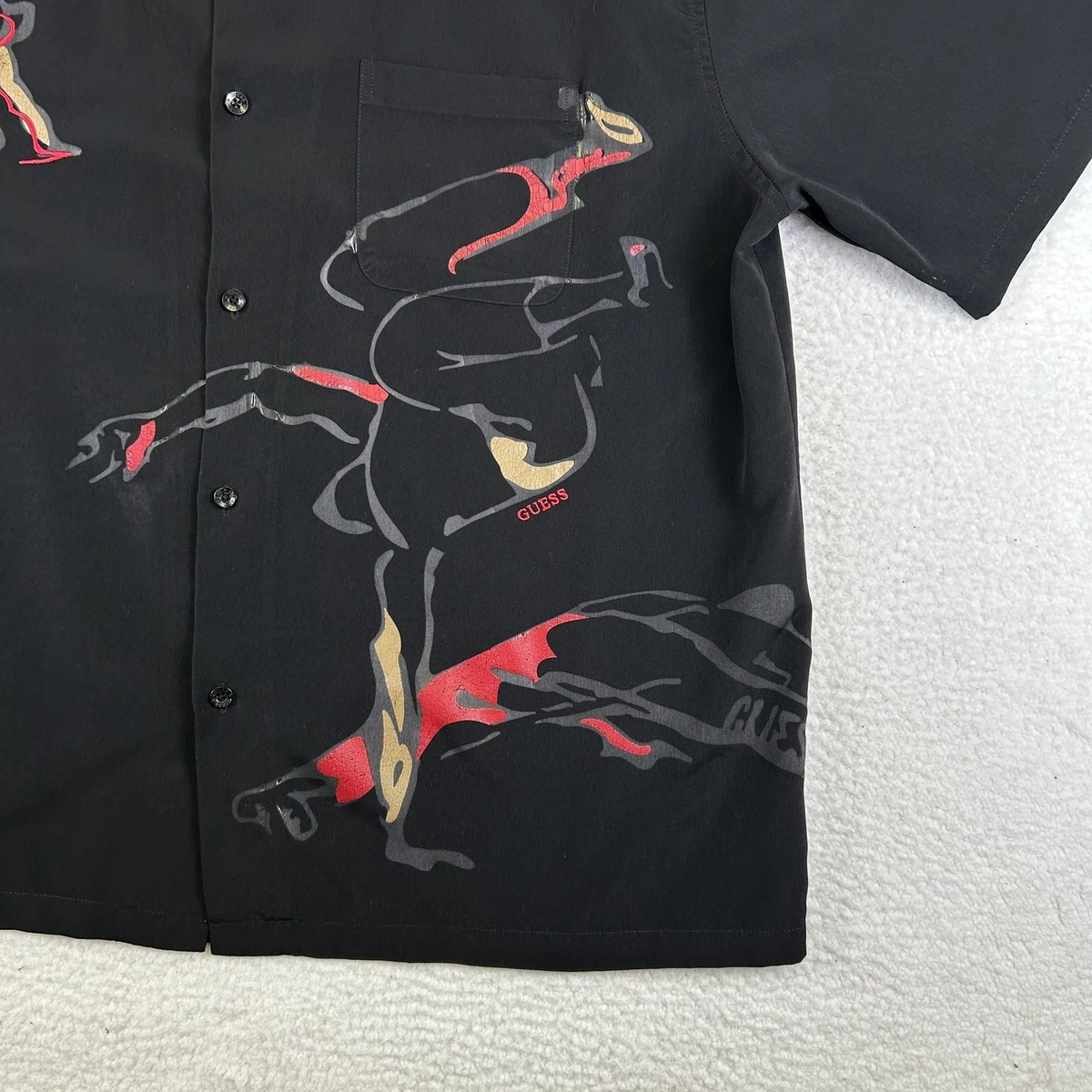 Camisa Guess De Colección Para Hombres 2XL Negra Karate Artes Marciales Gráfica Abotonada Años 90